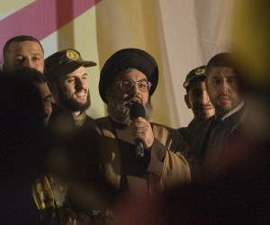 Lebanese Hezbollah chief Hassan Nasrallah, center. (Ferran Quevedo/Flash90)