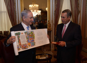 Prime Minister Benjamin Netanyahu met with House Speaker John Boehner, and gave him a scroll of the Book of Esther. Boehner gave Prime Minister Netanyahu a bust of Winston Churchill. 