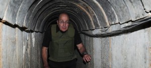 Defense Minister Moshe Ya'alon inspects Hamas terror tunnel.