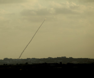 Hamas terrorists launch rockets from the Gaza Strip into Israel. (Yossi Aloni/FLASH90)