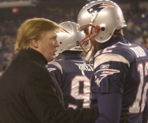 In 2004, Donald Trump (l.) stops to talk to Patriots quarterback Tom Brady.