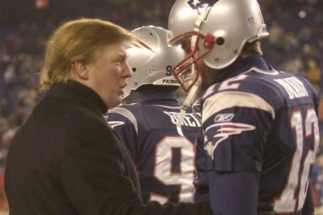 In 2004, Donald Trump (l.) stops to talk to Patriots quarterback Tom Brady.