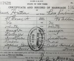 Frank and Rose Hittler’s marriage certificate