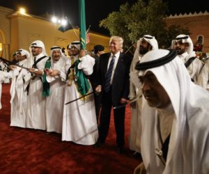 President Donald Trump holds a sword at Murabba Palace, May 20, 2017, in Riyadh.