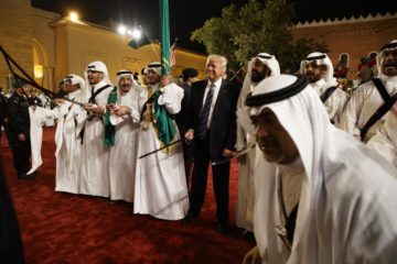 President Donald Trump holds a sword at Murabba Palace, May 20, 2017, in Riyadh.