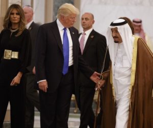 Donald Trump, Melania Trump, Saudi King Salman at the Royal Court Palace, Saturday, May 20, 2017, in Riyadh