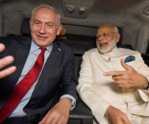 Netanyahu in a car with Indian Prime Minister Narendra Modi at Ben Gurion International Airport on July 4, 2017