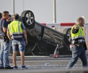 An overturned in Cambrils, Spain after the terrorist attack. (AP Photo/Emilio Morenatti)