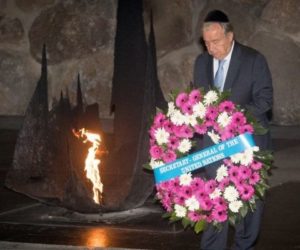UN Secretary General Antonio Guterres places a wreath during a ceremony at the Hall of Remembrance in the Yad Vashem Holocaust memorial