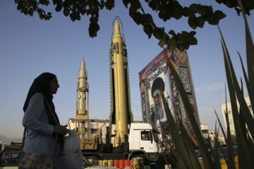 An Iranian missile on display on Sept. 24, 2017. (AP Photo/Vahid Salemi)