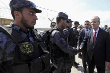 Palestinian Prime Minister Rami Hamdallah (R) with members of the Hamas terrorist organization. (AP)