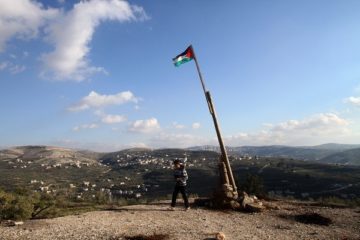 Palestinian flag raised in the town of Sebastia (Nasser Ishtayeh/Flash90)