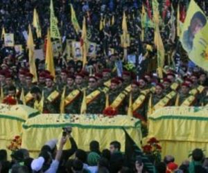 Hezbollah flag-draped coffins in Nabatiyeh, Lebanon