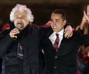 Five-Star Movement (M5S) leaders Luigi Di Maio and Beppe Grillo. (AP Photo/Andrew Medichini)