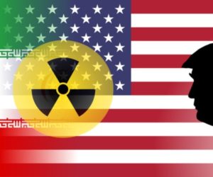 An illustration showing the flags of the United States and Iran with nuclear symbol and the silhouette of US President Donald Trump.