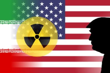 An illustration showing the flags of the United States and Iran with nuclear symbol and the silhouette of US President Donald Trump.