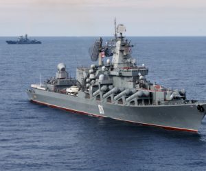 Russian missile cruiser Varyag on patrol off Syria's coast. (Vadim Savitsky/Russian Defense Ministry Press Service via AP)