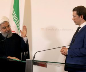 Iranian President Hassan Rouhani and Austria's Chancellor Sebastian Kurz. (AP Photo/Ronald Zak)