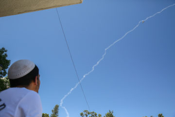 A Patriot missile's smoke trail after it intercepted a drone approaching Israel from Syria. (David Cohen/Flash90)