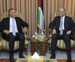 Nickolay Mladenov (R) and Palestinian Prime Minister Rami Hamdallah. (AP Photo/Prime Minister Office)