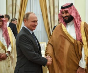 Russian President Vladimir Putin with Saudi Arabia Crown Prince Mohammed bin Salman. (Yuri Kadobnov, Pool Photo via AP)