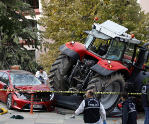 Tractor on its way to Israeli embassy in Ankara. (AP Photo/Burhan Ozbilici)