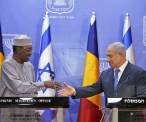 Netanyahu with President of Chad Idriss Deby. (Ronen Zvulun/Pool Photo via AP)