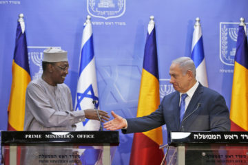Netanyahu with President of Chad Idriss Deby. (Ronen Zvulun/Pool Photo via AP)