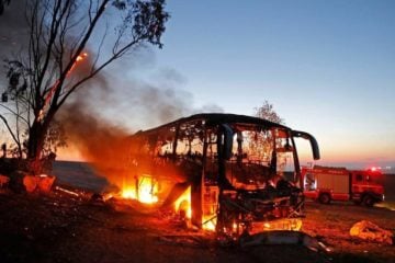 An Israeli bus destroyed by a Hamas rocket. (GPO)