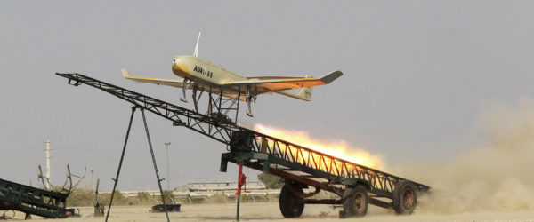 An Iranian drone launched in Jask port, southern Iran. (AP Photo/Jamejam Online, Chavosh Homavandi, File)