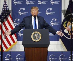 President Donald Trump speaks at an annual meeting of the Republican Jewish Coalition. (AP Photo/John Locher)