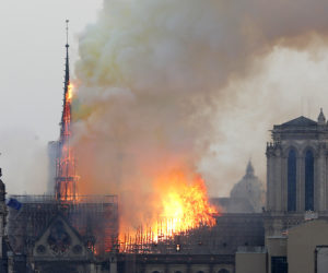 Flames rise from Notre Dame cathedral as it burns in Paris, Monday, April 15, 2019. (AP Photo/Thibault Camus)