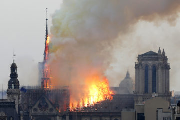 Flames rise from Notre Dame cathedral as it burns in Paris, Monday, April 15, 2019. (AP Photo/Thibault Camus)