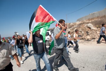 Palestinian protesters with flag