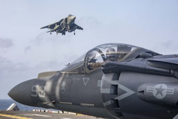 AV-8B Harriers return to the USS Kearsarge on the Arabian sea. (Mass Communication Specialist 2nd Class Megan Anuci/U.S. Navy via AP)