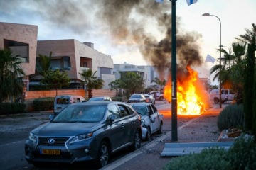 A car in Ashdod after it was hit by a rocket fired from the Gaza Strip.(Flash90)