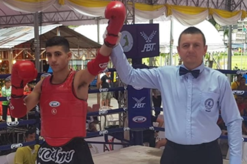 Israeli Din Haziza wins Muaythai competion due to Iraqi forfeit in the 54 kilo weight class B competition, July 2019. (Facebook)