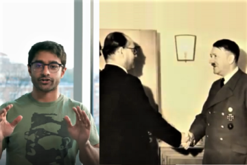 Saikat Chakrabarti in a shirt with Subhas Chandra Bose's image (L), and Bose with Adolf Hitler (R). (Screenshot)