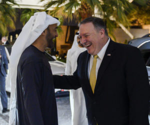 UAE Crown Prince Sheikh Mohammed bin Zayed Al Nahyan greets visiting US Secretary of State Mike Pompeo in Abu Dhabi on Jan. 12, 2019.