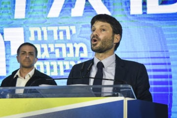 Transportation Minister Bezalel Smotrich speaking at a Knesset election campaign event on August 12, 2019.