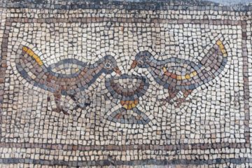 Hippos mosaic detail: birds drinking from a goblet of wine.