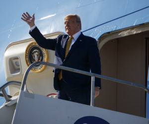 President Donald Trump arrives at Los Angeles International Airport to attend a fundraiser, Tuesday, Sept. 17, 2019, in Los Angeles.
