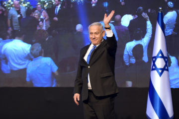 Israeli Prime Minister Benjamin Netanyahu, head of the Likud Party, carries a speach after the release of first voting results in the Israeli general elections