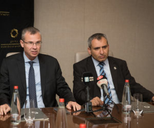 Zeev Elkinr ,r, and Yariv Levin of the Likud deliver a short statement to the media before their meeting with Blue and White, September 27, 2019.