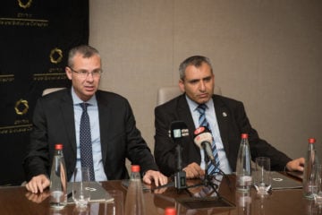 Zeev Elkinr ,r, and Yariv Levin of the Likud deliver a short statement to the media before their meeting with Blue and White, September 27, 2019.