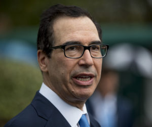 Treasury Secretary Steve Mnuchin speaks to reporters outside the West Wing of the White House in Washington. Sept. 9, 2019.