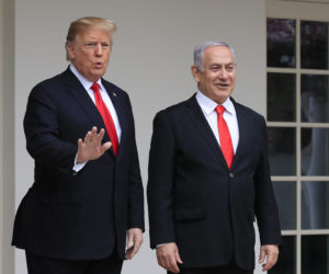 President Donald Trump welcomes visiting Israeli Prime Minister Benjamin Netanyahu to the White House in Washington, Monday, March 25, 2019.