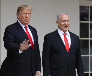 President Donald Trump welcomes visiting Israeli Prime Minister Benjamin Netanyahu to the White House in Washington, Monday, March 25, 2019.