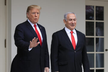 President Donald Trump welcomes visiting Israeli Prime Minister Benjamin Netanyahu to the White House in Washington, Monday, March 25, 2019.