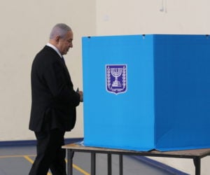 Prime Minister Benjamin Netanyahu casts his ballot at a voting station in Jerusalem, during the Knesset Elections, on September 17, 2019.